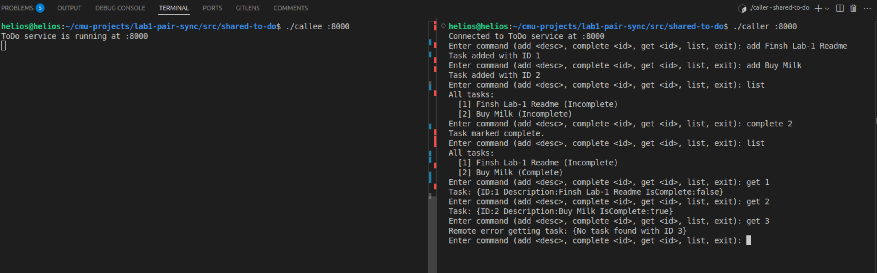 Screenshot of the to-do server and client running in terminal