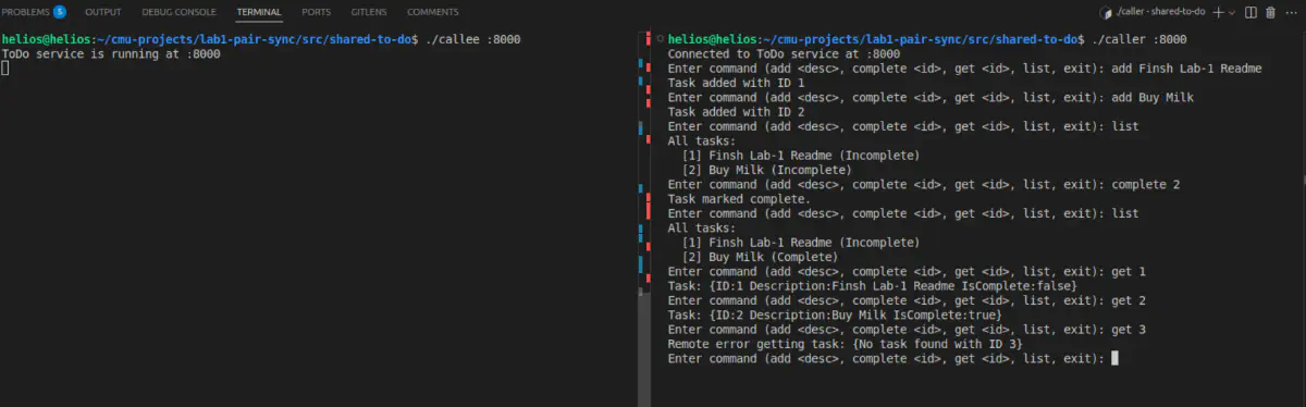 Screenshot of the to-do server and client running in terminal